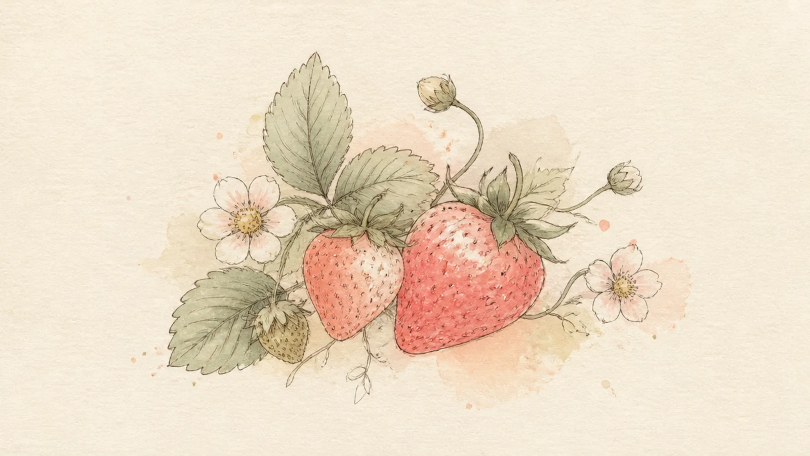 A soft arranged vignette of strawberries, leaves, and small flowers