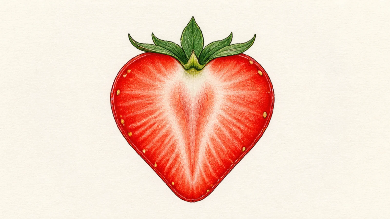 A strawberry cut in half showing the radiating inner pattern