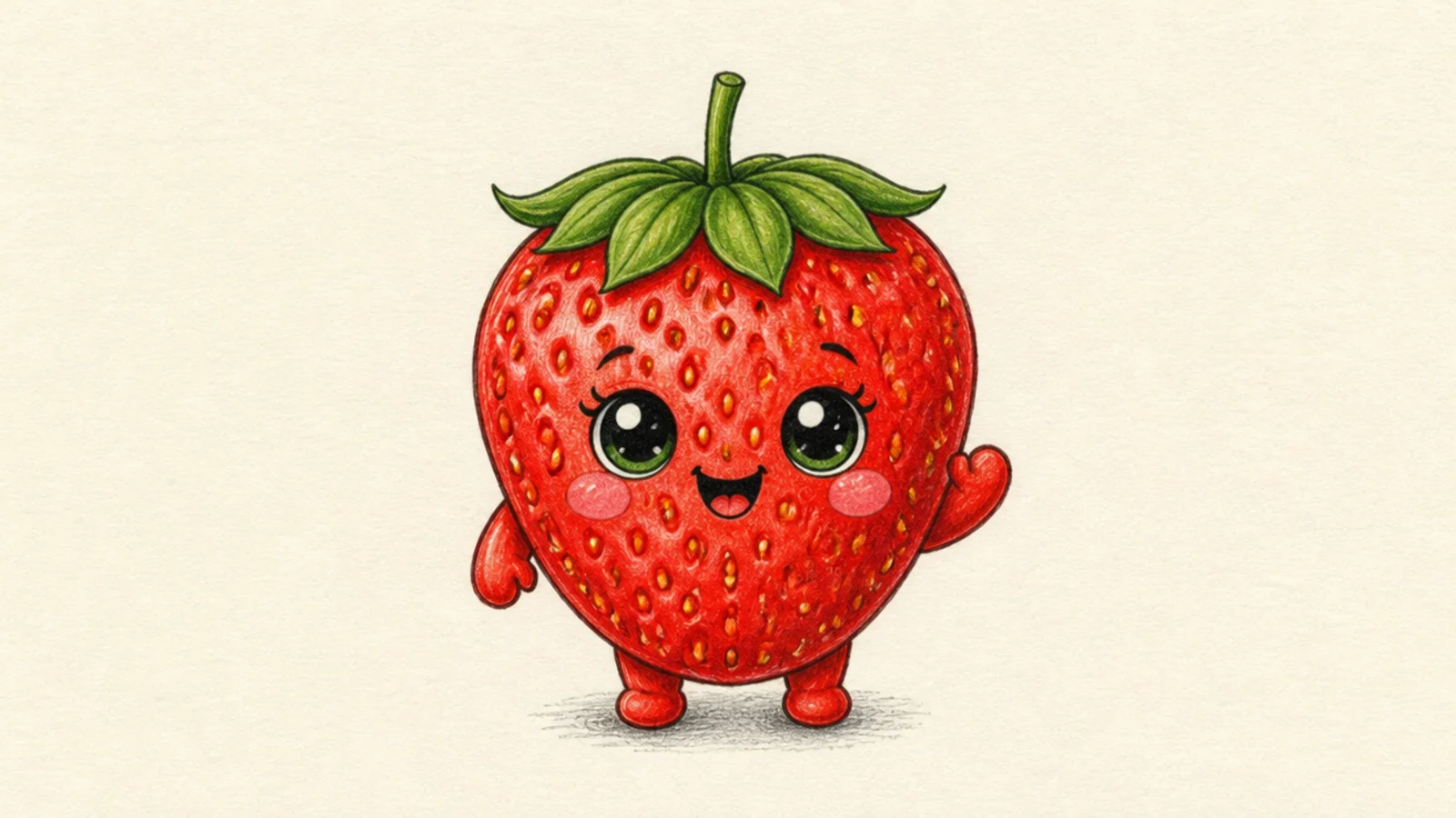 A cute strawberry character with a face, arms, and legs