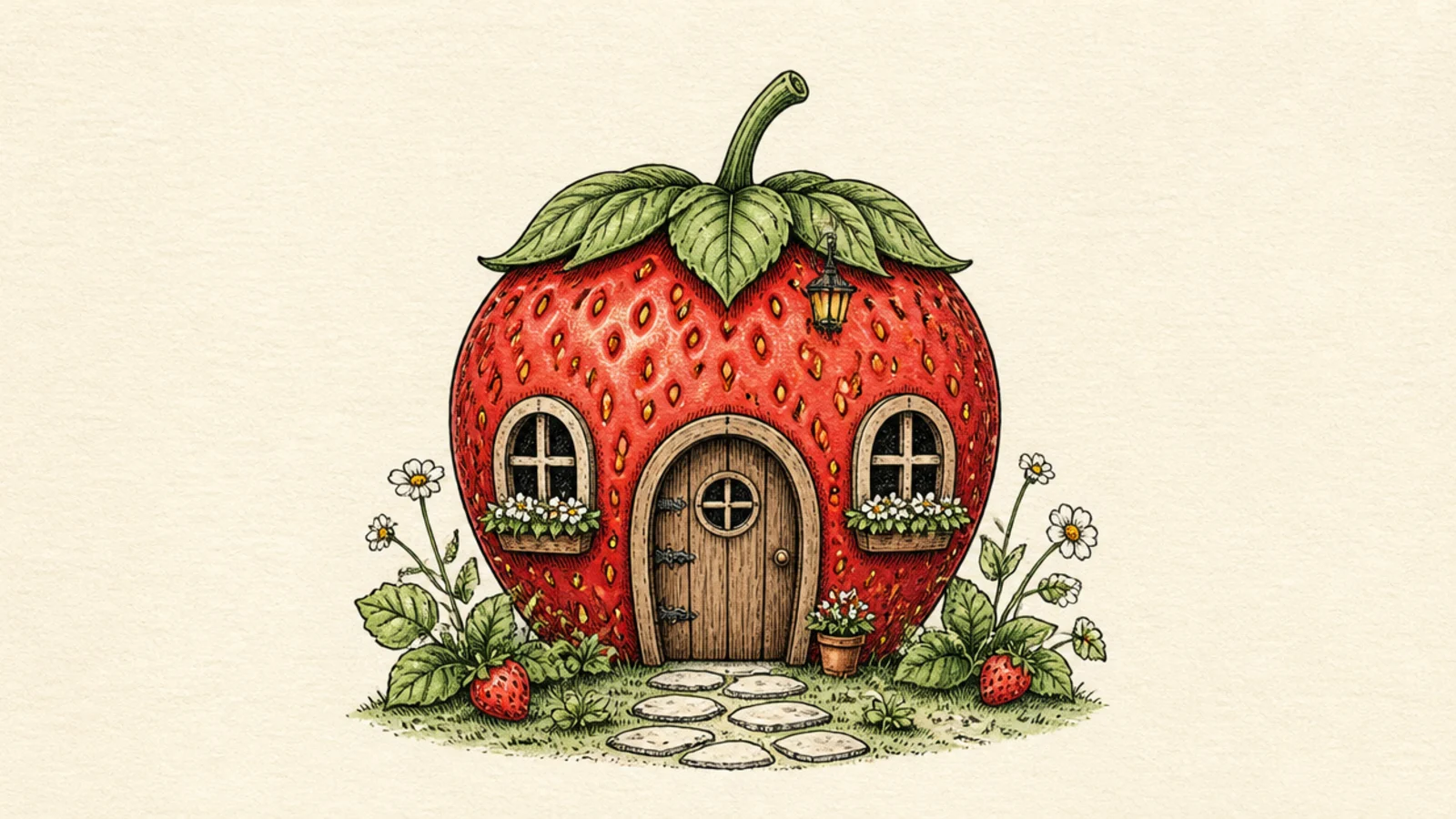 A whimsical little house shaped like a strawberry with a door and windows