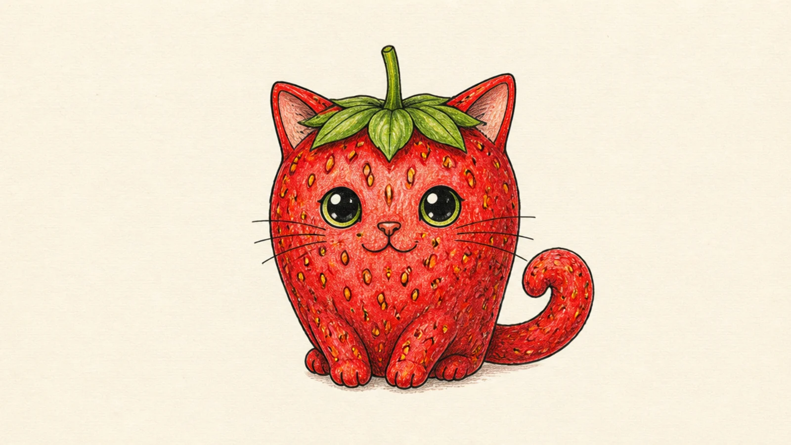 A strawberry with cat ears, whiskers, and a tail