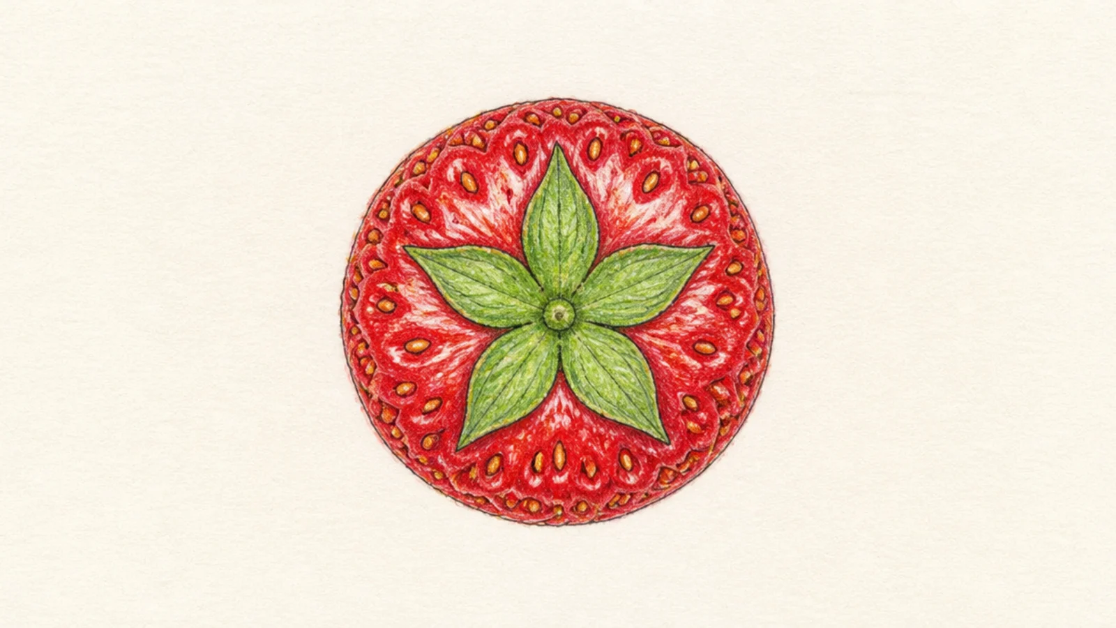 A strawberry seen from directly above showing the leaf star