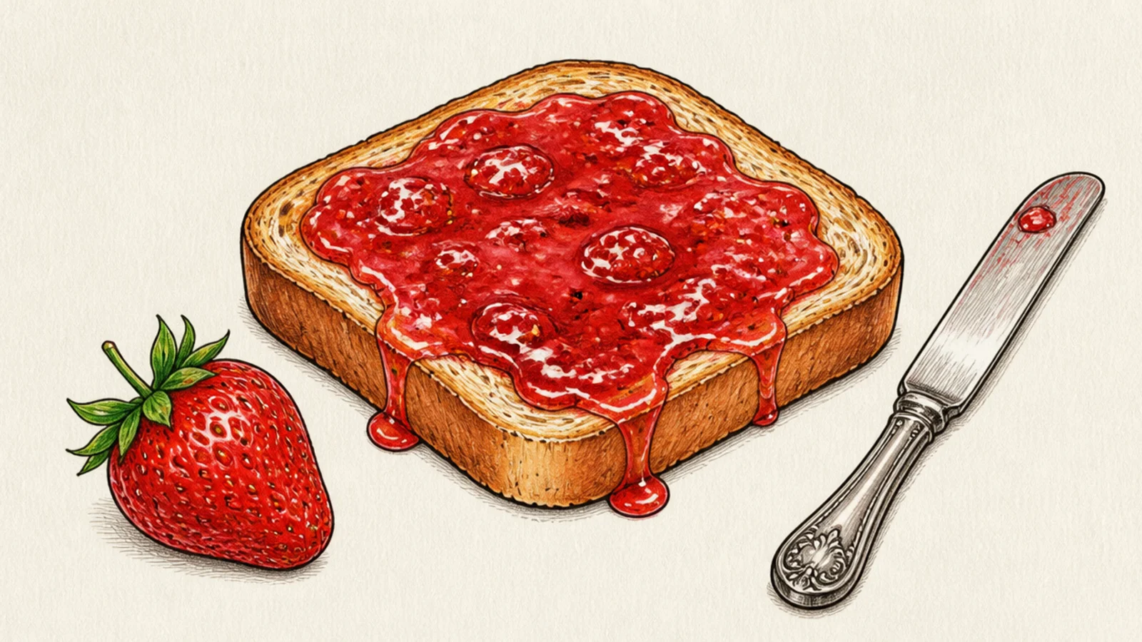 A slice of toast spread with strawberry jam and a berry