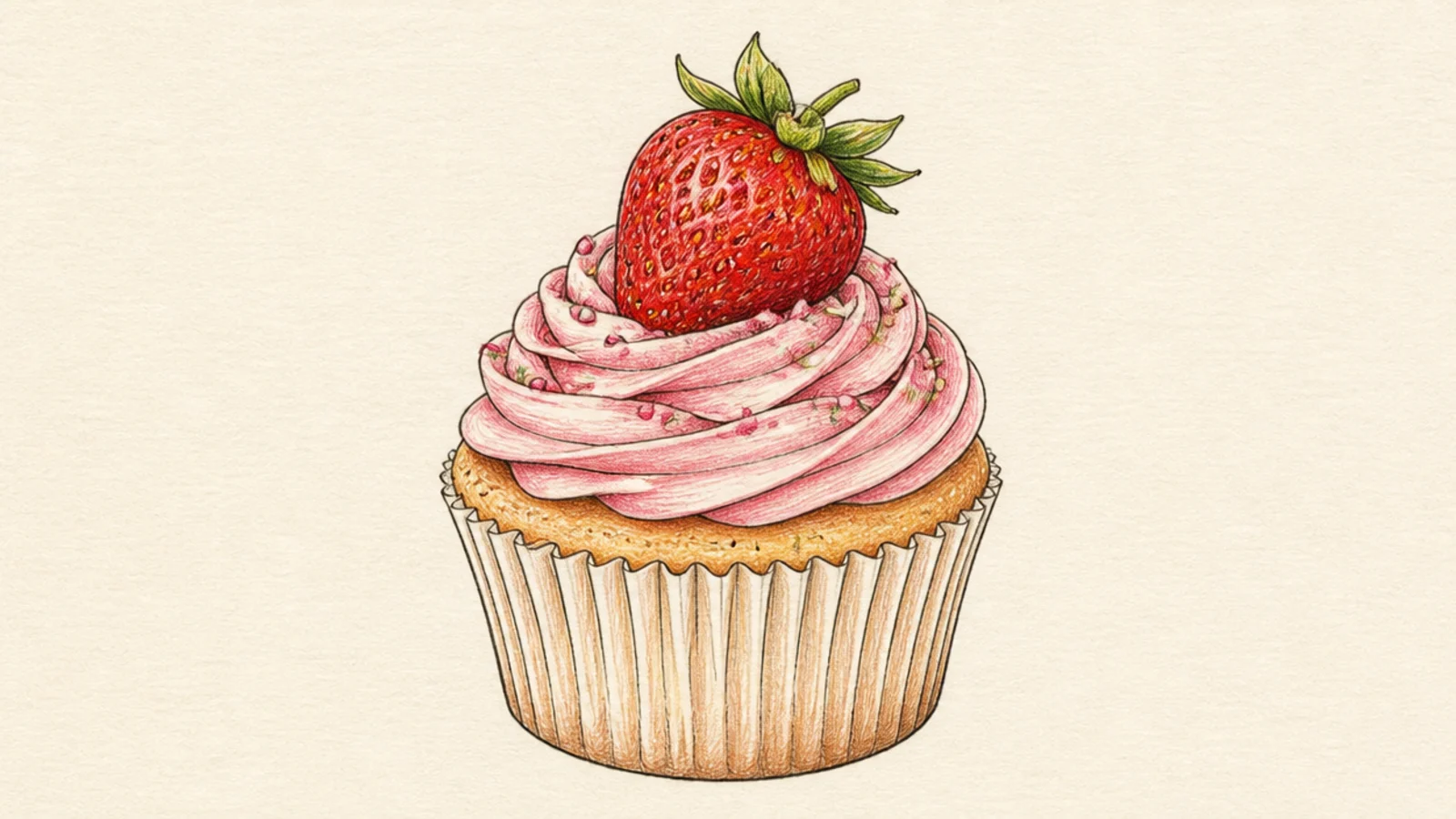 A cupcake with pink frosting and a strawberry on top