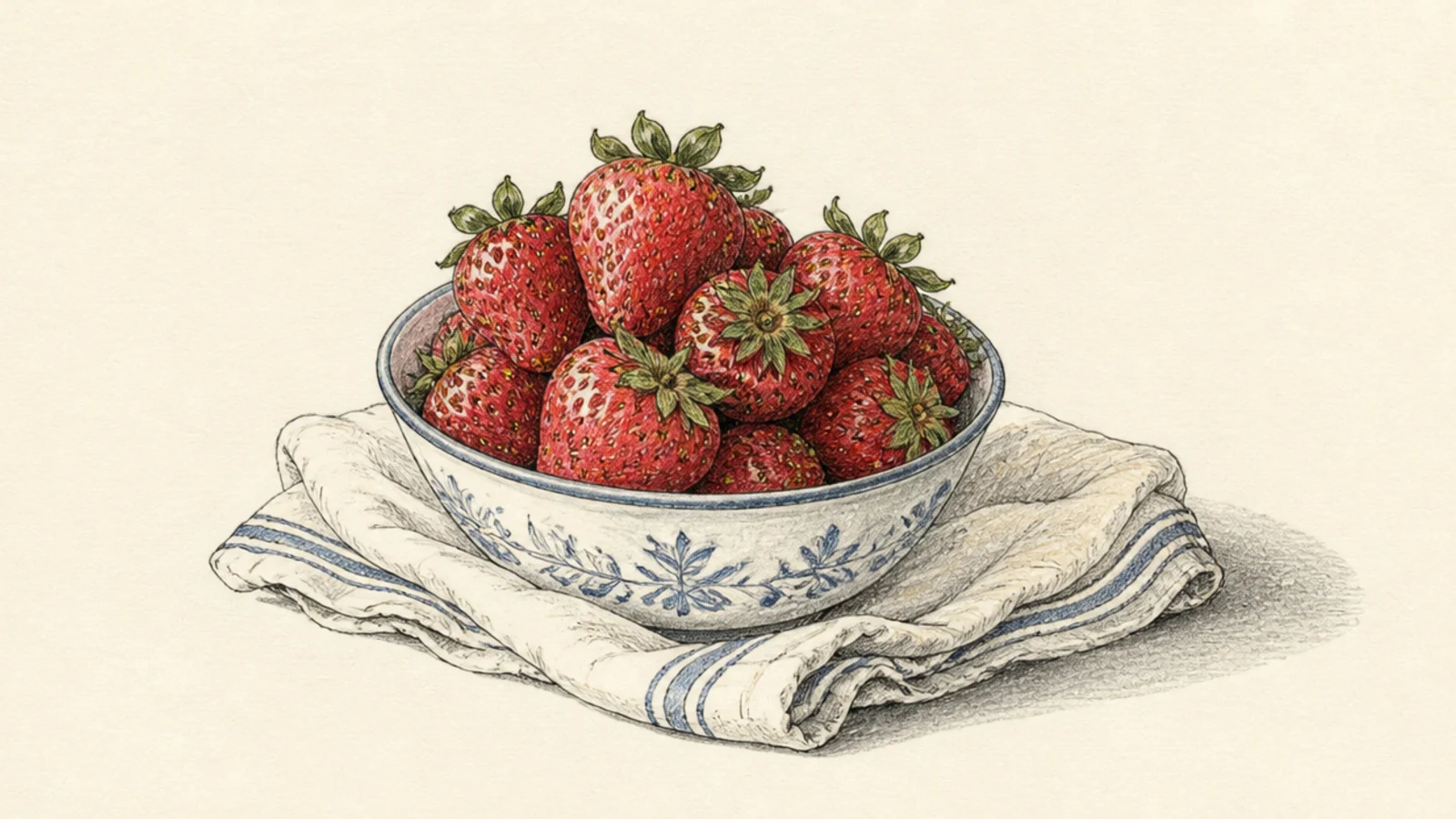 A small still life of strawberries in a bowl with a cloth
