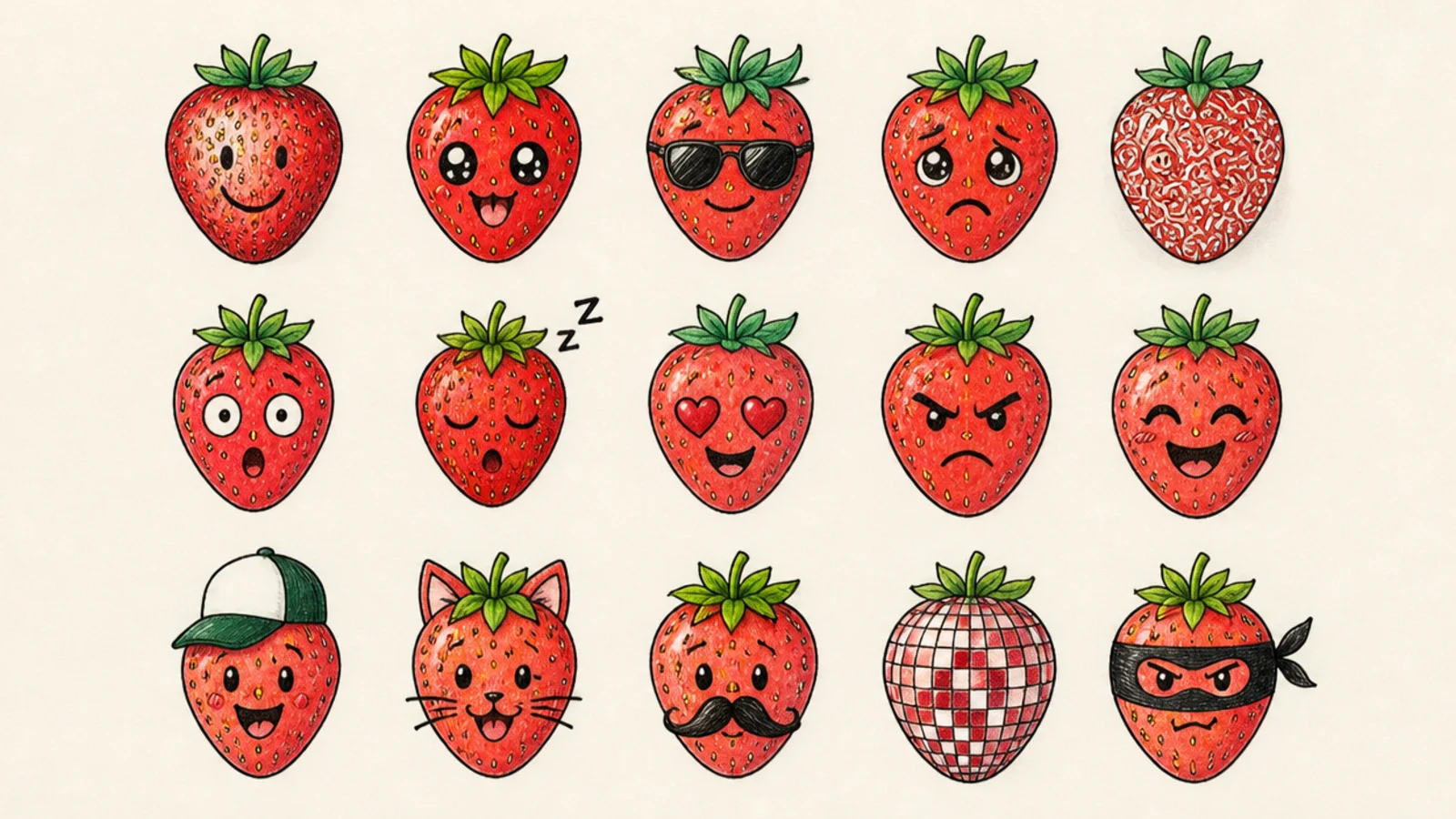 A grid of strawberries with different facial expressions