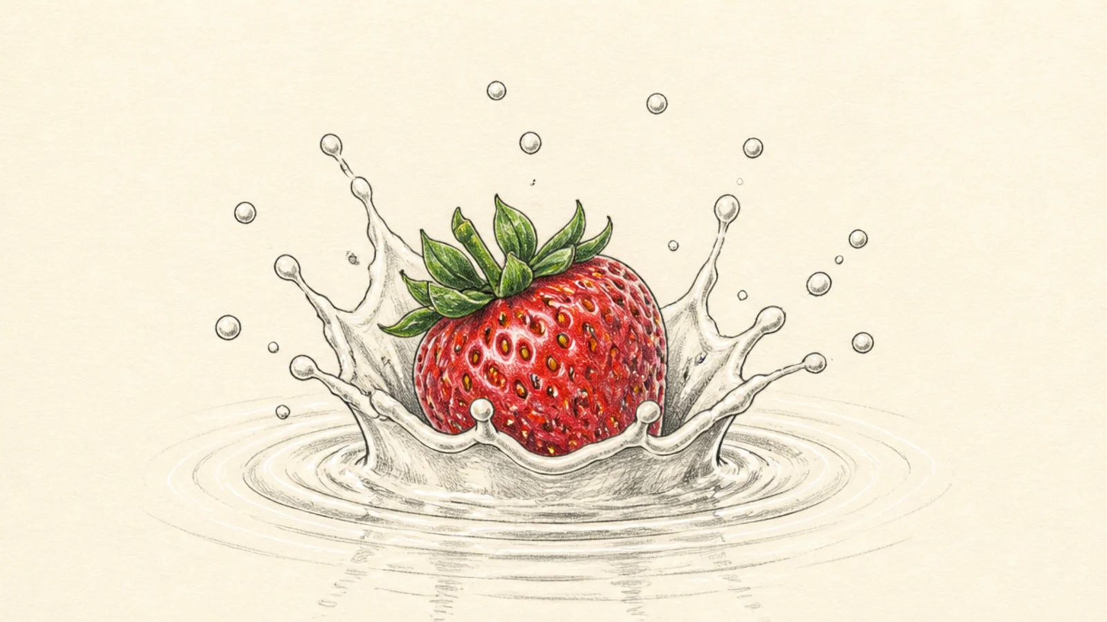 A strawberry dropping into liquid with a dynamic splash