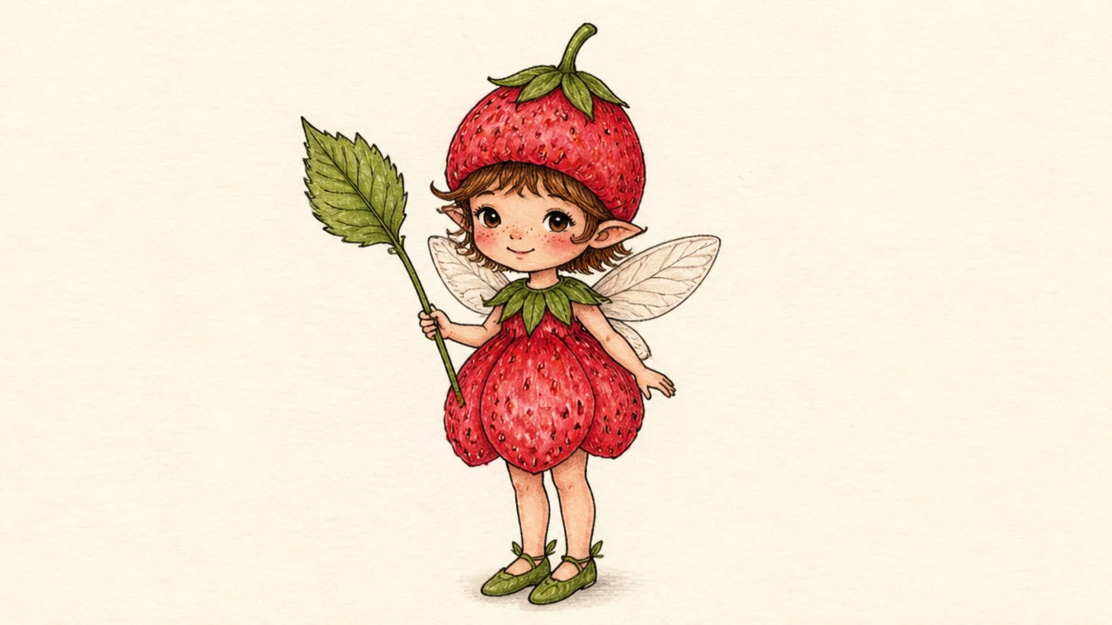 A tiny fairy character with a strawberry hat and dress