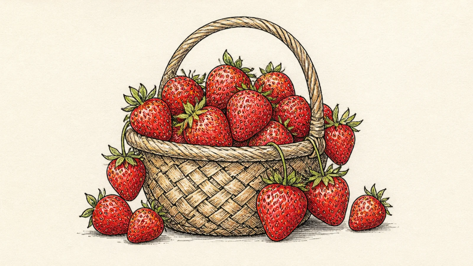 A woven basket overflowing with fresh strawberries