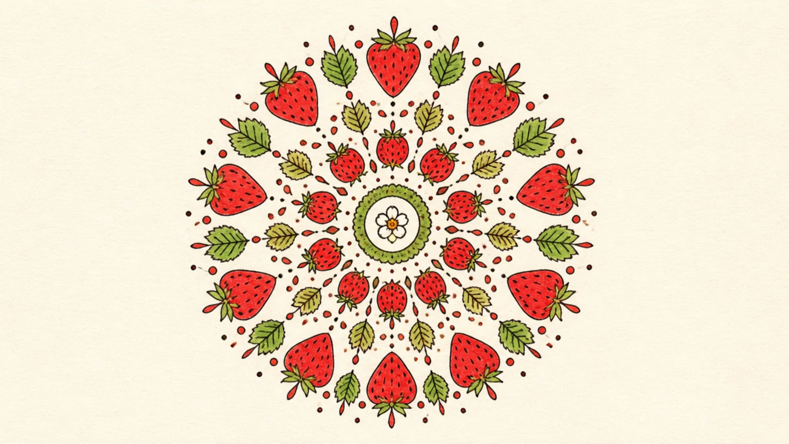 A symmetrical mandala made of strawberries, leaves, and dots