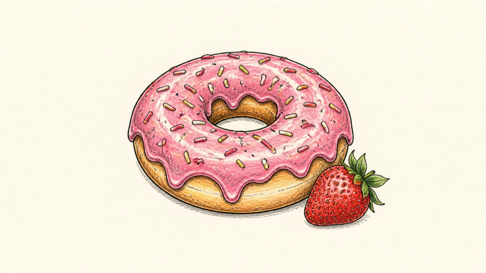 A donut with pink strawberry glaze and sprinkles