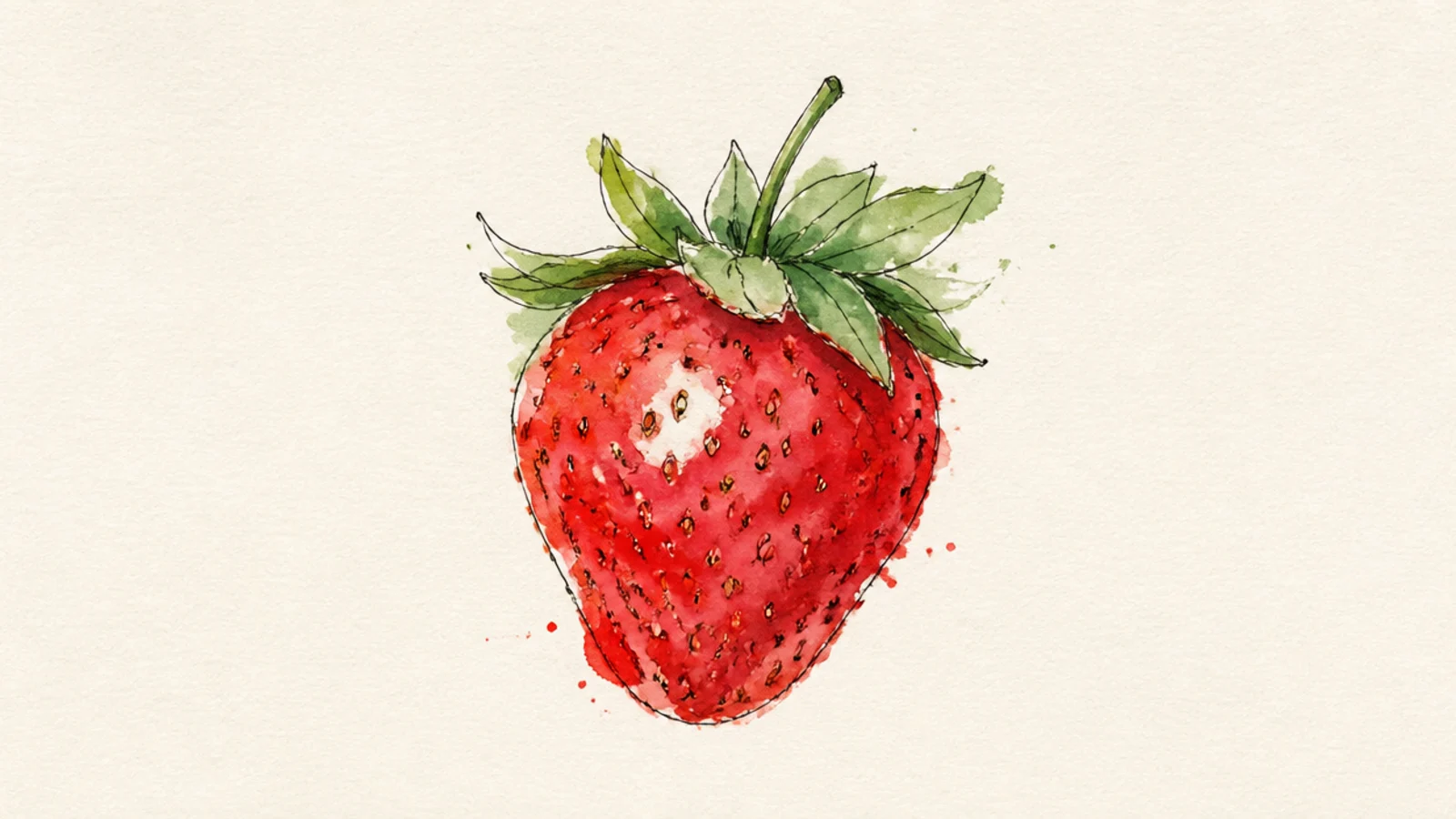 A loose expressive watercolor strawberry with bleeding color