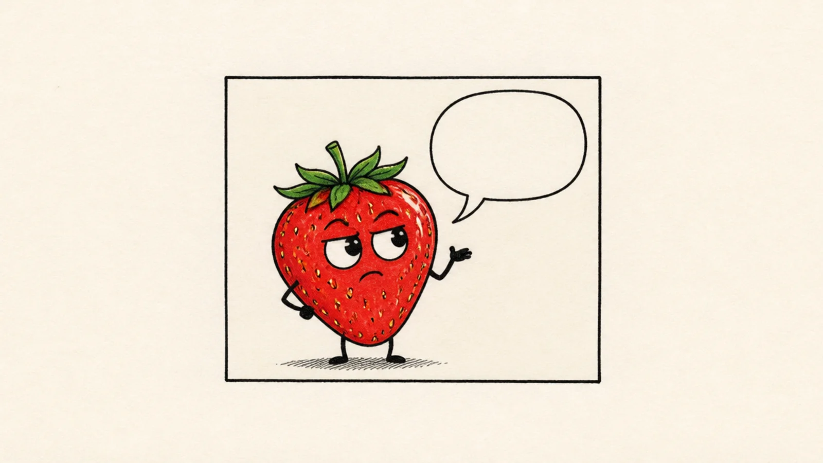 A small comic panel of a strawberry character with a speech bubble
