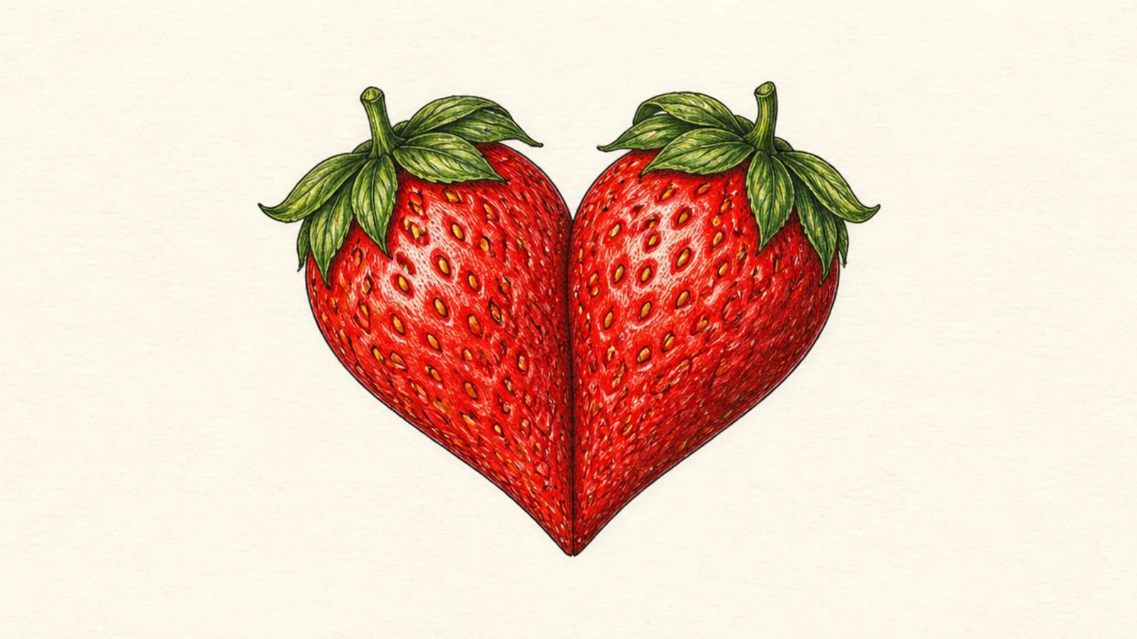 Two strawberries arranged to form a heart shape