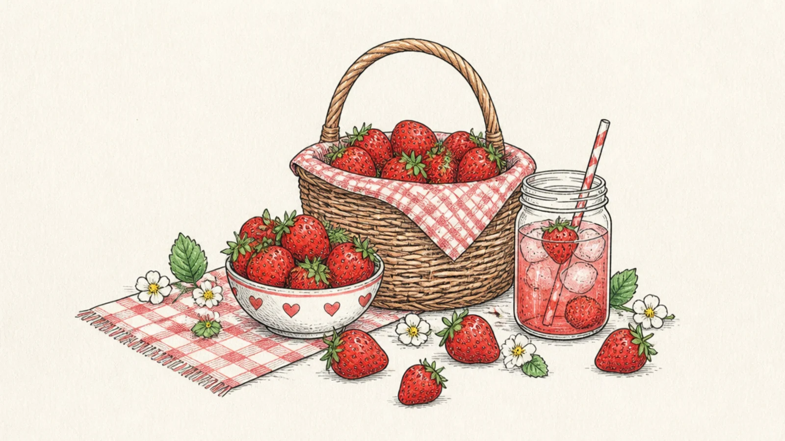 A little picnic scene with strawberries, a basket, and a blanket