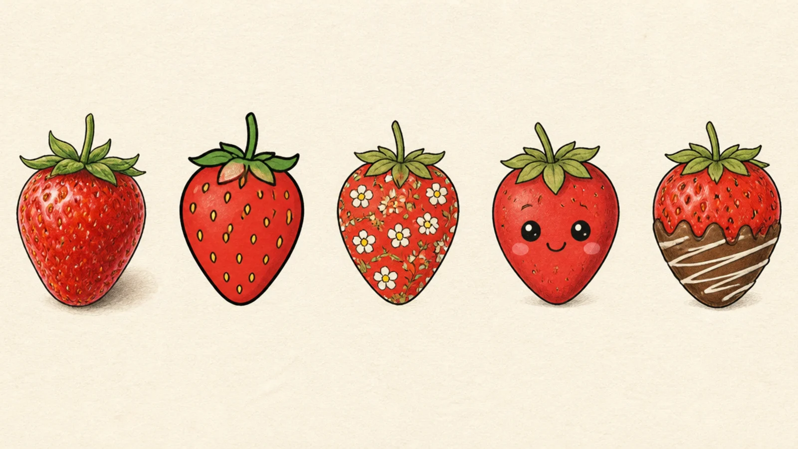 A small collection of strawberries each drawn in a different style