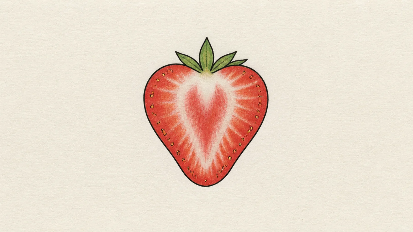 A simple strawberry cut in half showing the pale inside