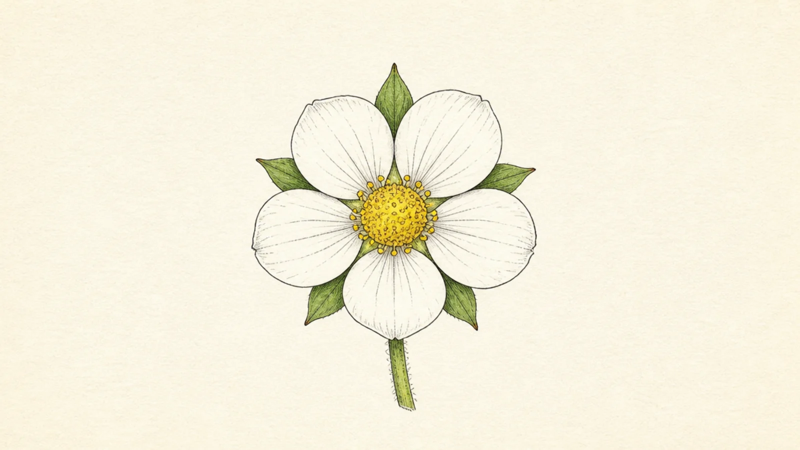 A single strawberry flower with five white petals and a yellow center