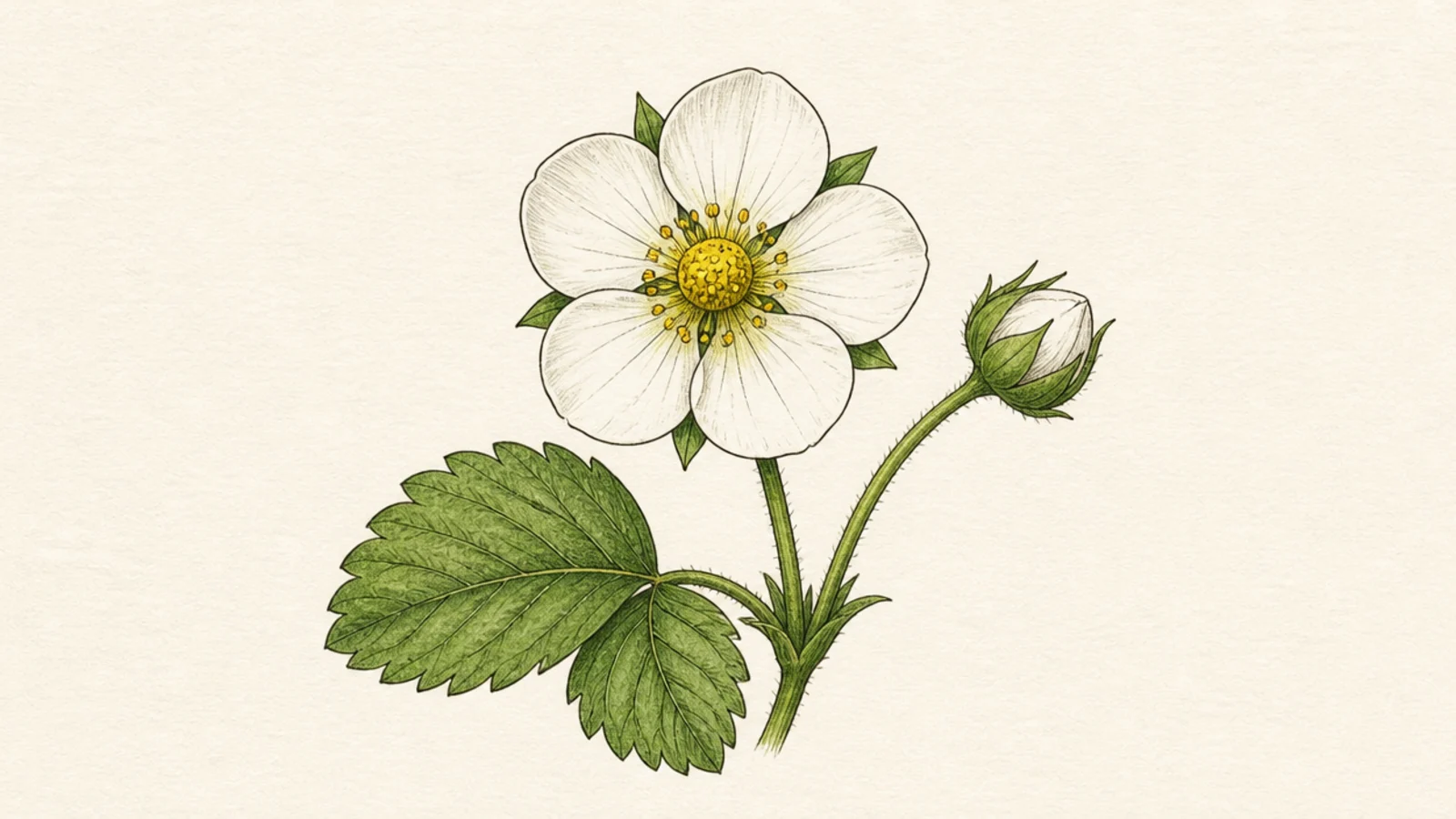 An open strawberry flower next to a small closed bud