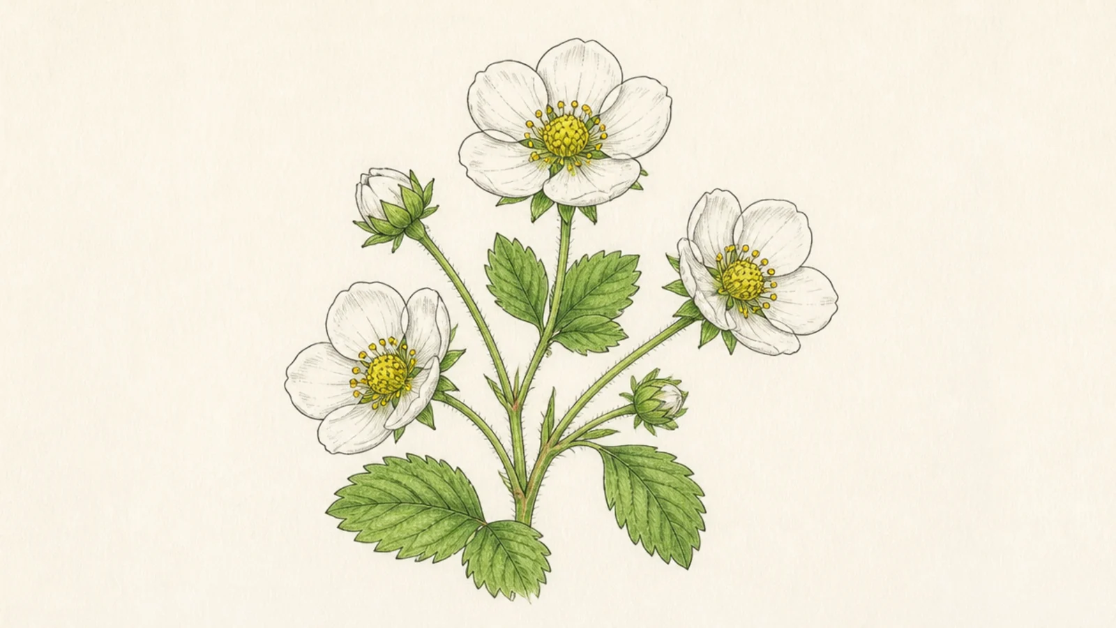 A small cluster of three strawberry flowers on branching stems
