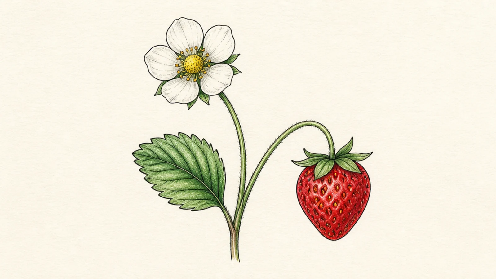 A strawberry flower on the same stem as a ripe red berry