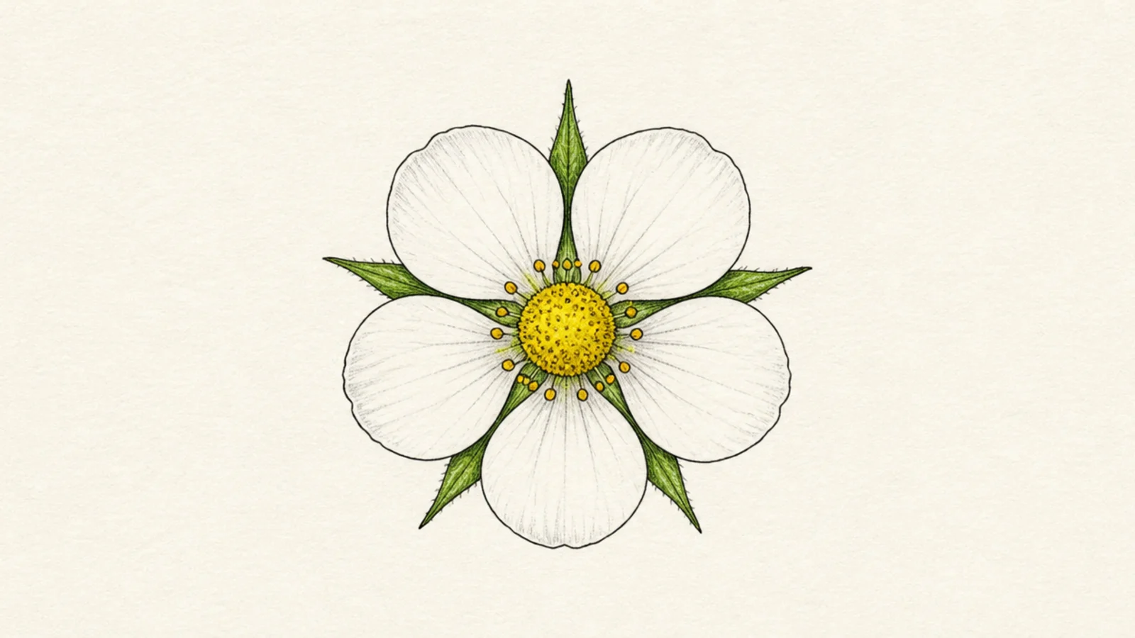 A strawberry flower seen straight from above