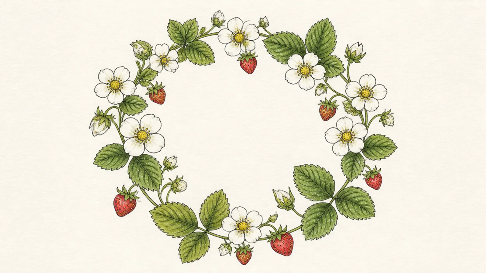 A ring wreath of strawberry flowers, leaves, and small berries