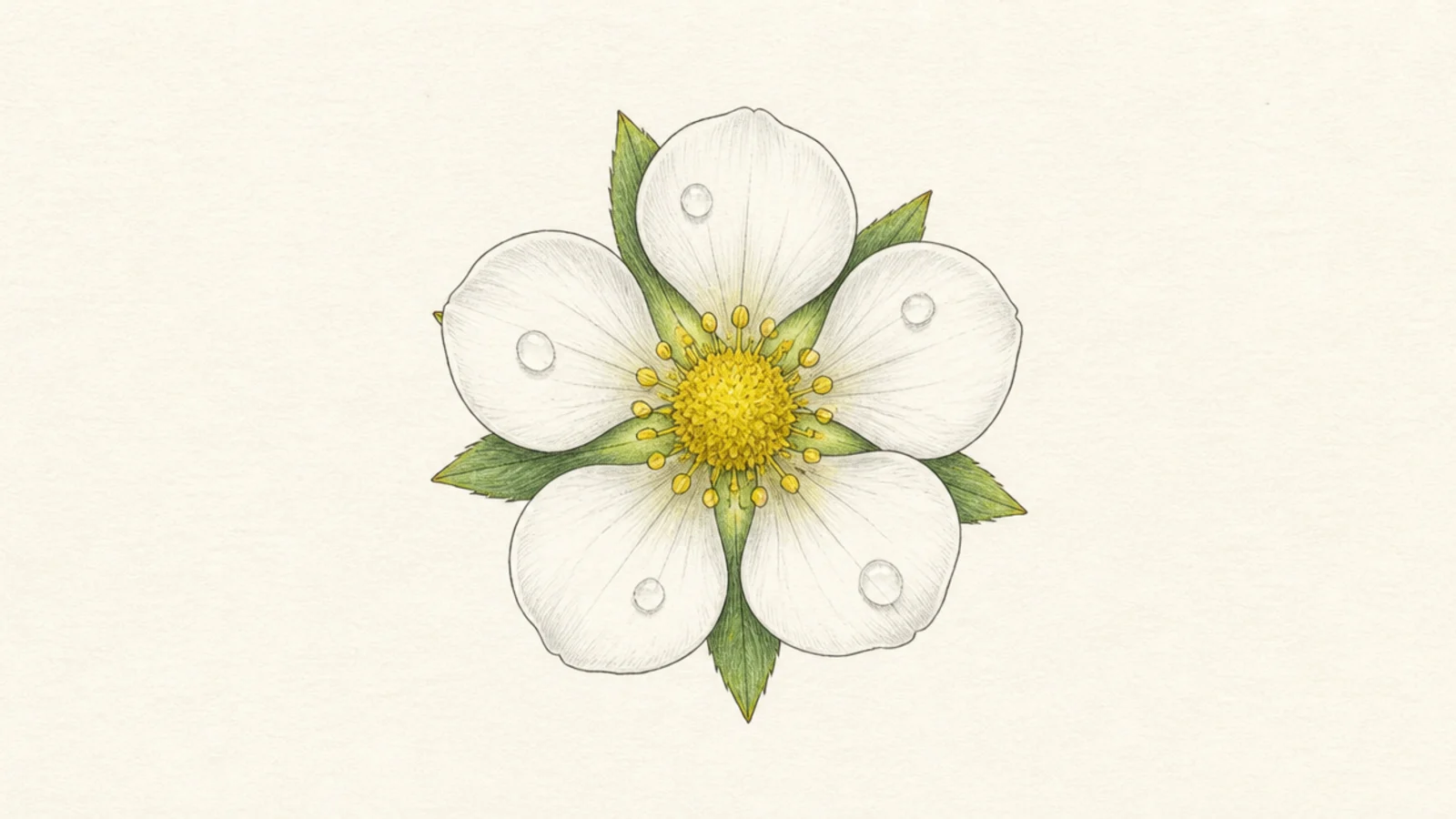 A strawberry flower with tiny dewdrops on its petals