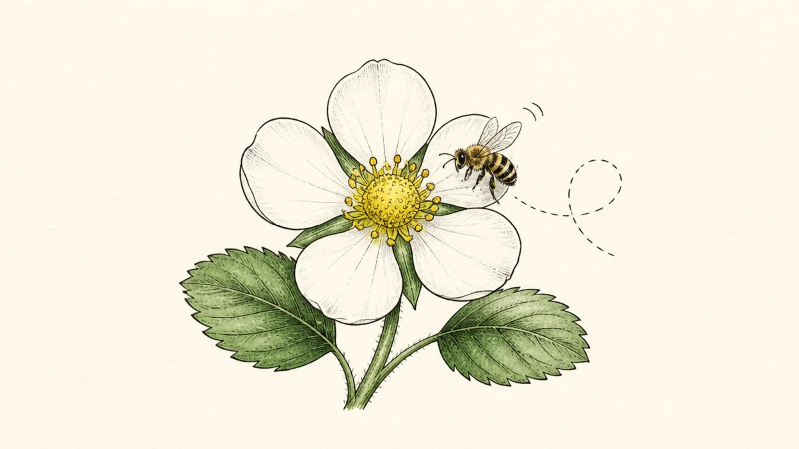 A strawberry flower with a little bee visiting it