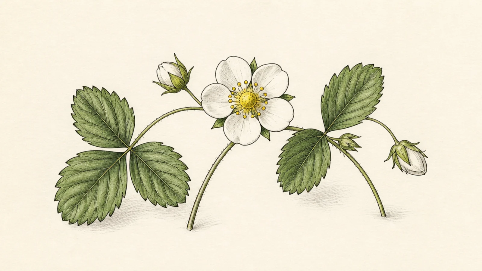 An arching branch with strawberry flowers, buds, and leaves