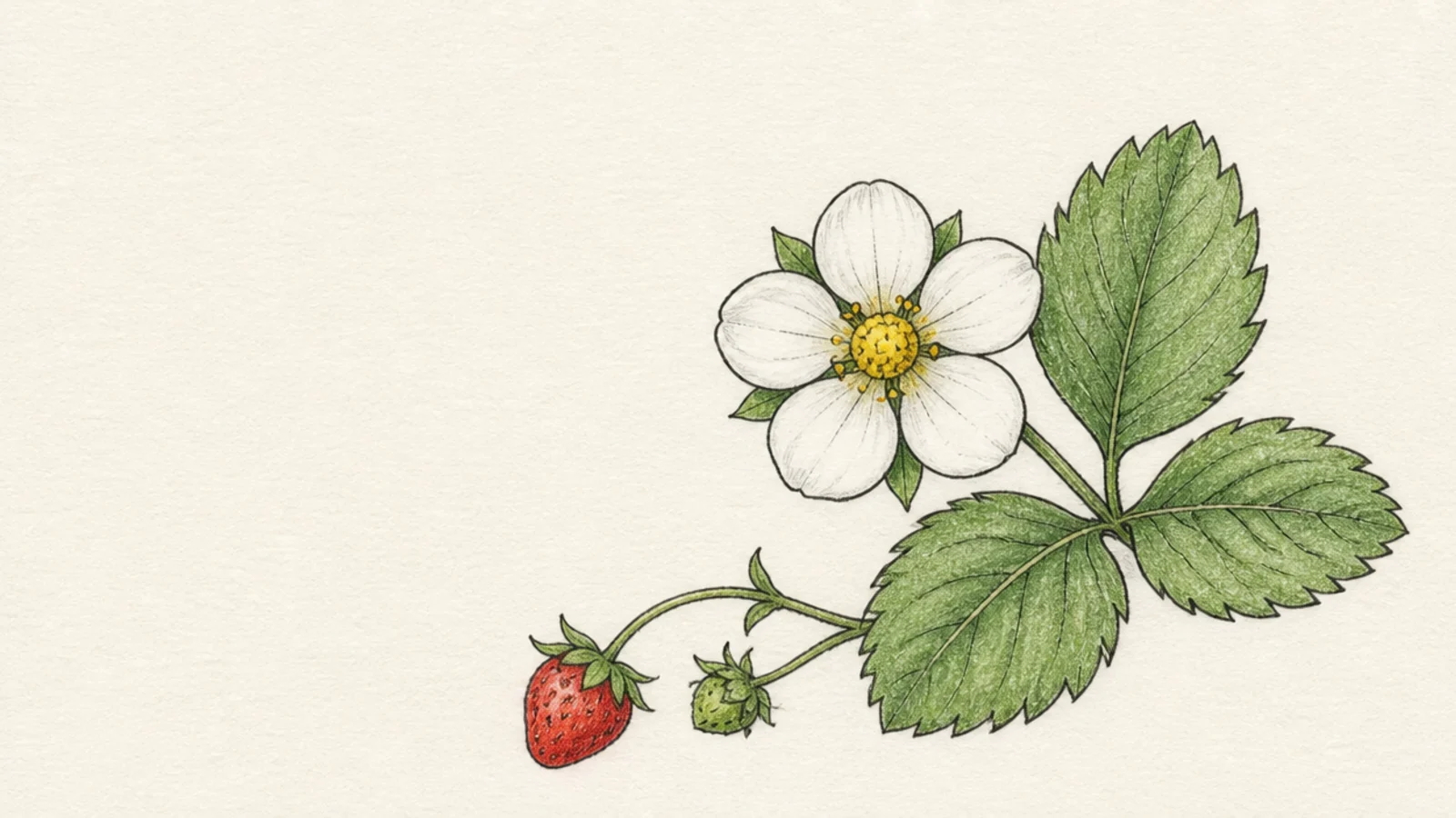 A small strawberry flower tucked into a page corner with leaves
