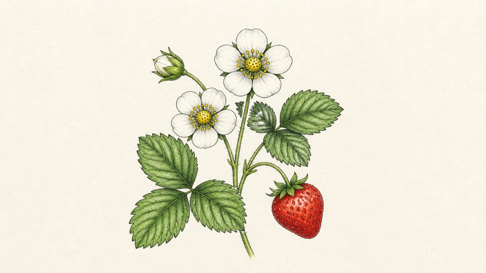 A full sprig with strawberry flowers, buds, leaves, and a ripe berry