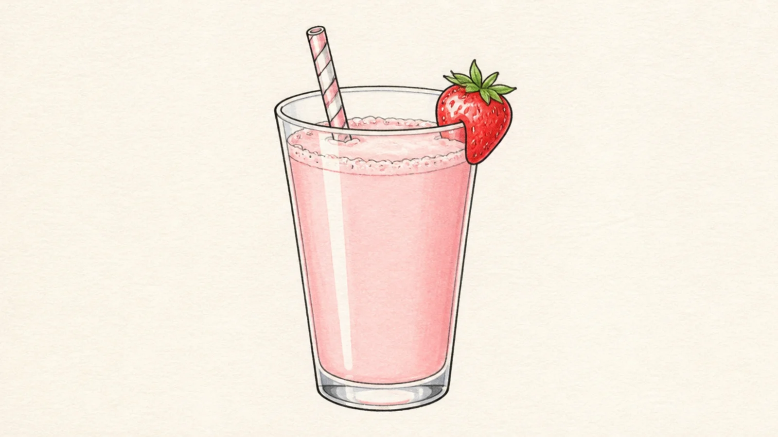 A tall glass of pink strawberry milk with a straw and a berry