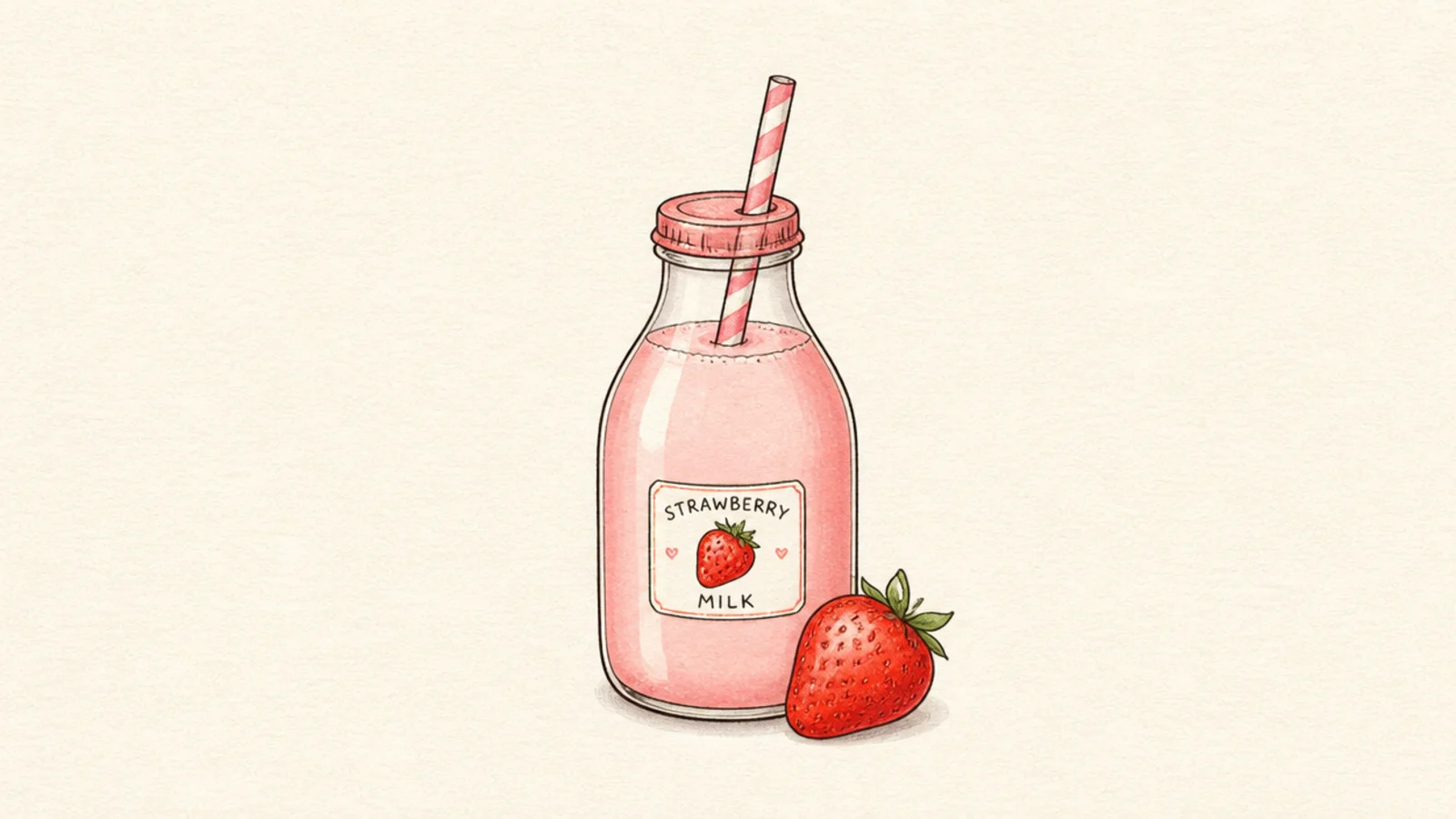 A rounded glass bottle of strawberry milk with a cap