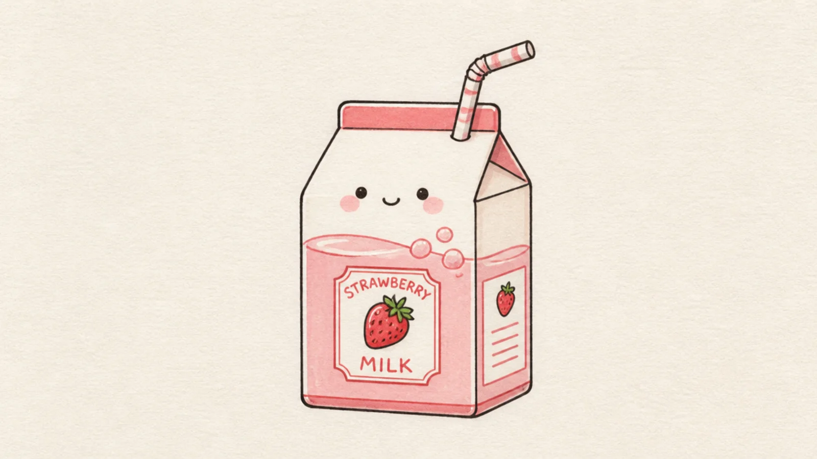 A cute strawberry milk carton with dot eyes and a smile