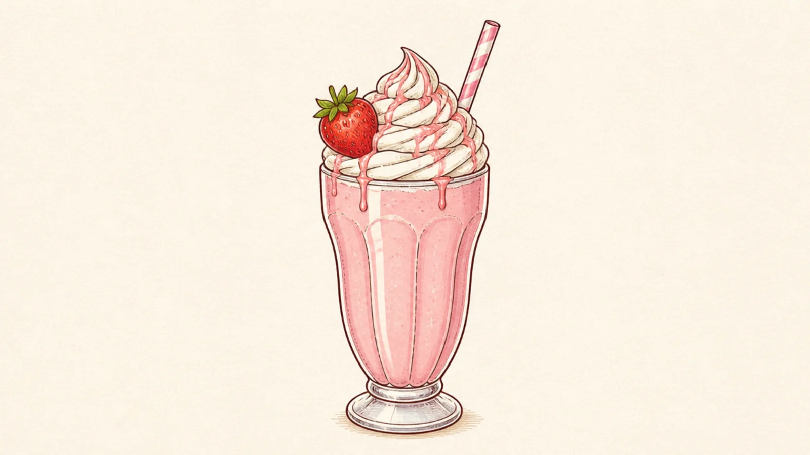 A tall strawberry milkshake with a cream swirl and a berry