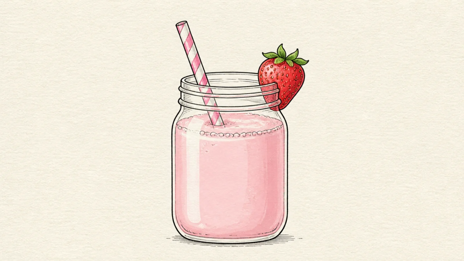 A mason jar of strawberry milk with a striped straw