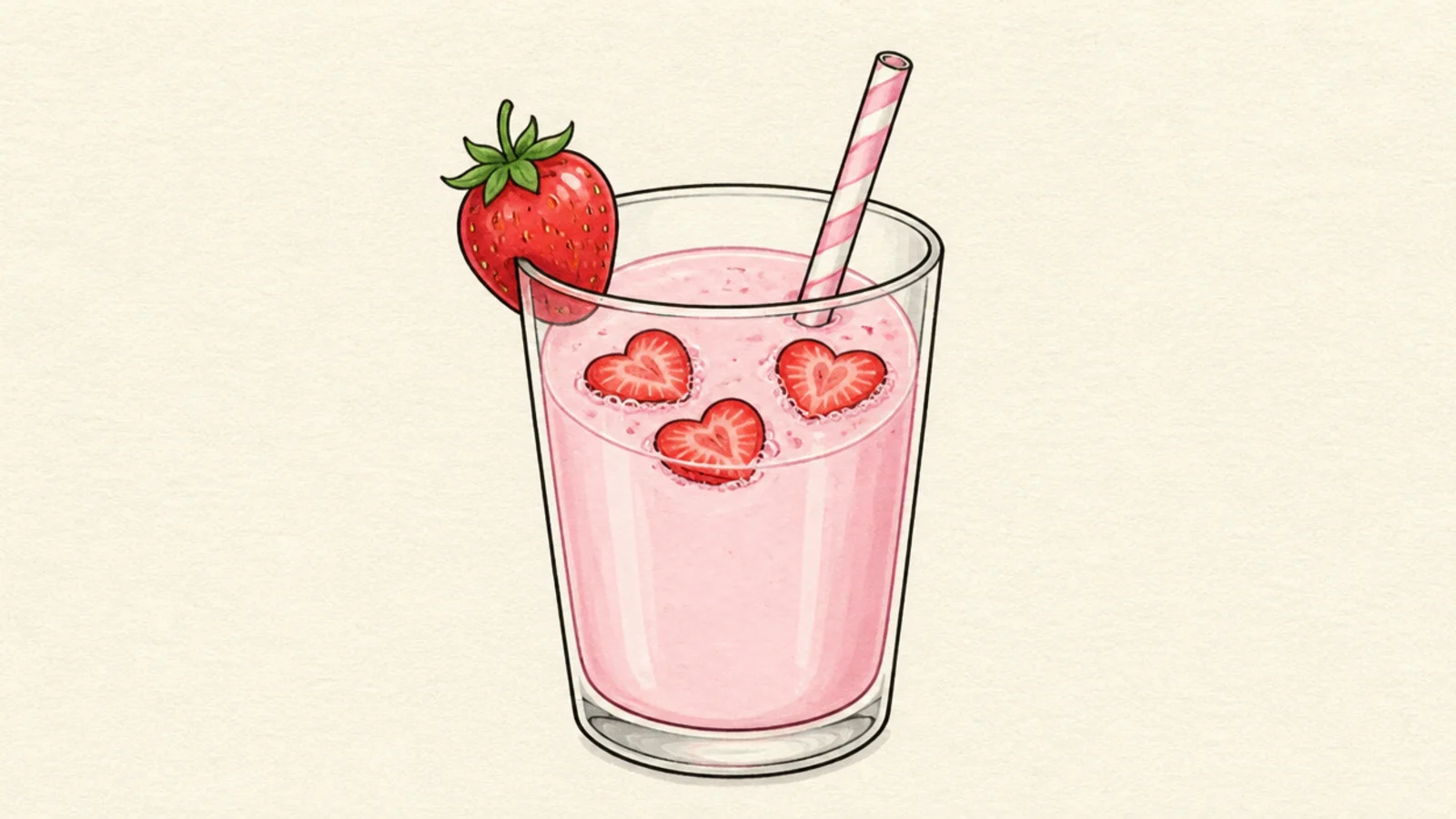 A glass of strawberry milk with sliced berries floating inside