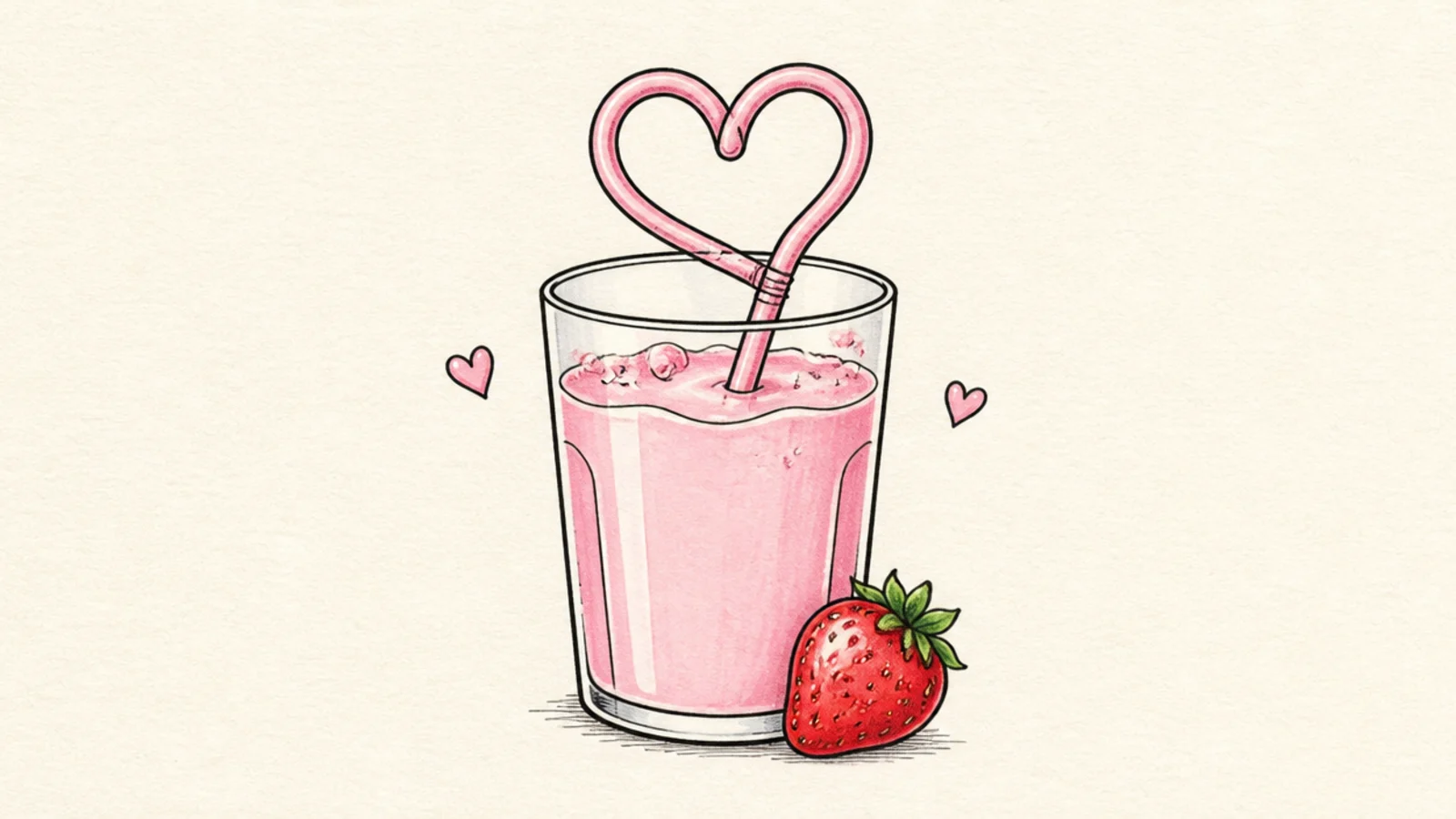A glass of strawberry milk with a curly heart-shaped straw