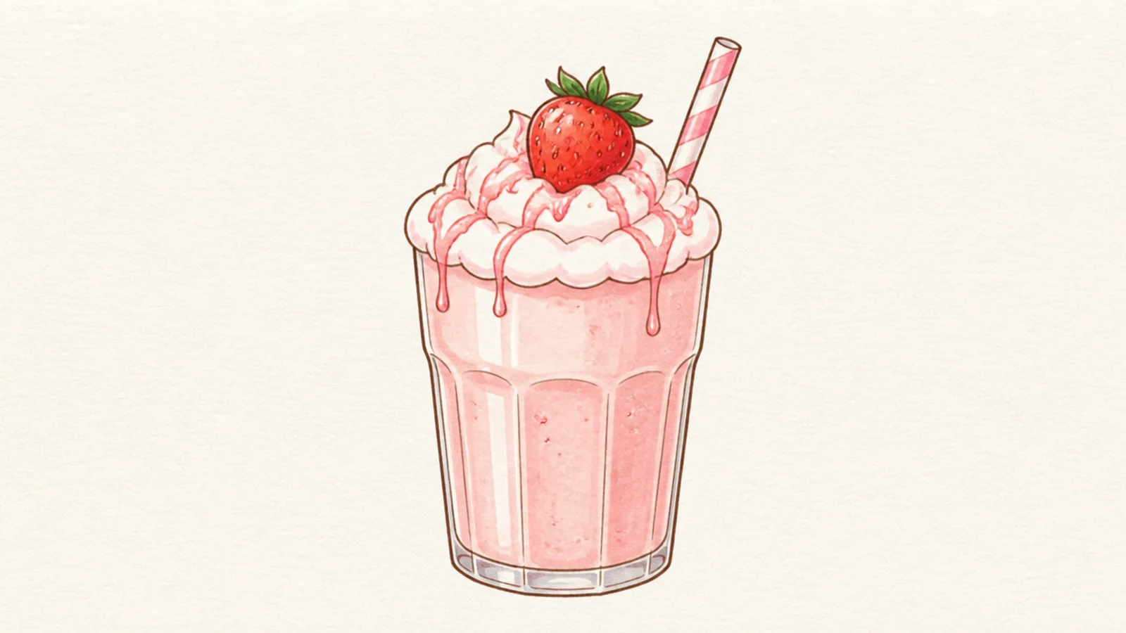 A glass of strawberry milk topped with whipped cream and a berry