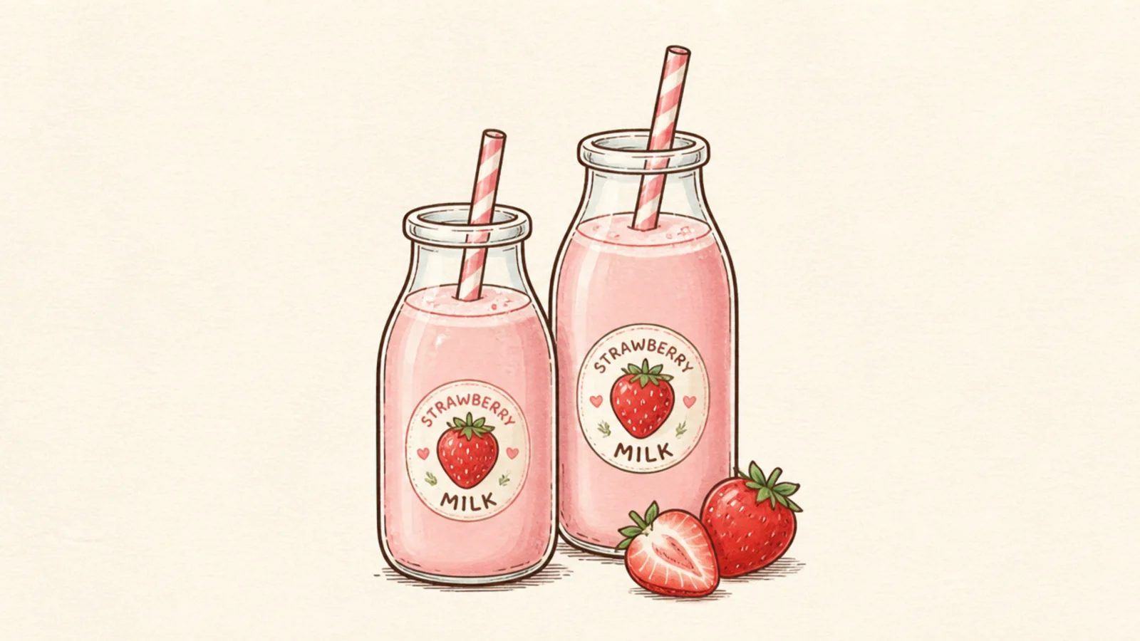 Two strawberry milk bottles side by side with berries
