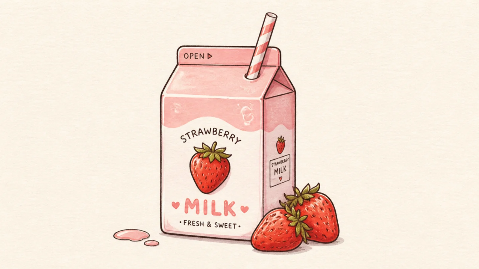 A strawberry milk carton beside a little pile of fresh berries
