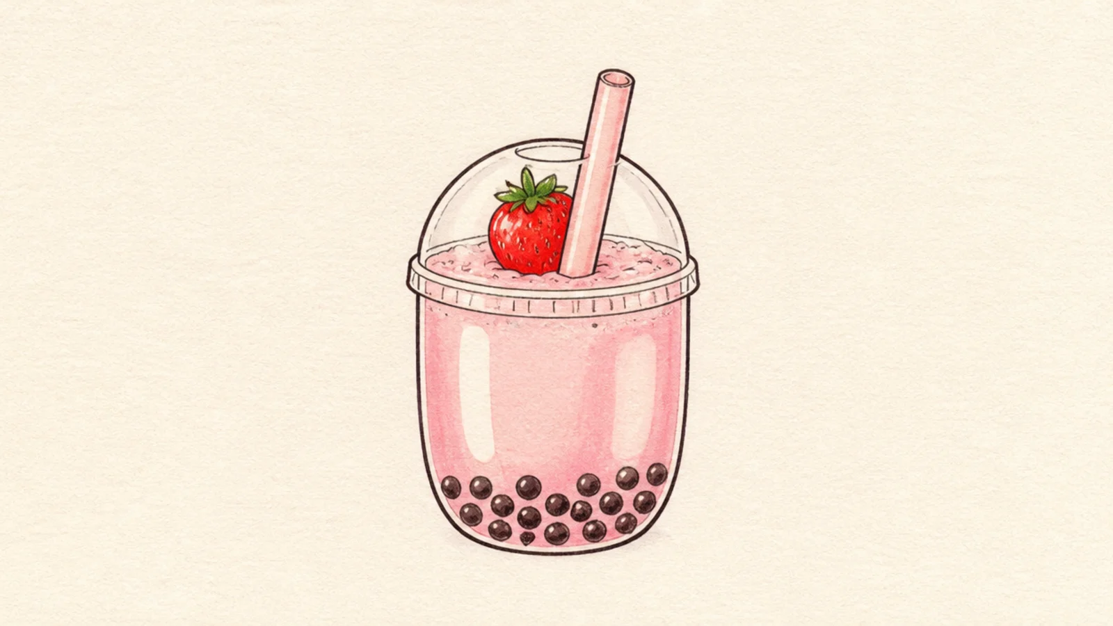 A cup of strawberry milk with dark boba pearls and a fat straw
