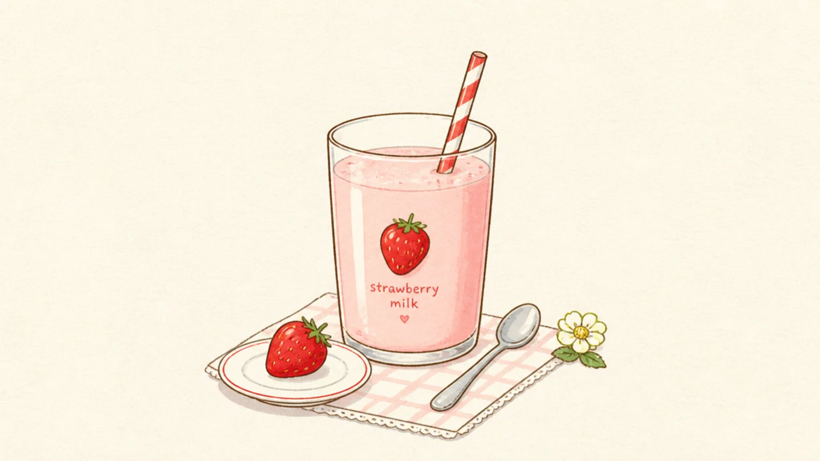 A cozy cafe scene with strawberry milk, a plate, and a berry