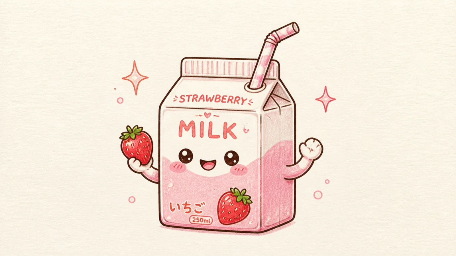 A cute strawberry milk carton mascot with arms holding a berry