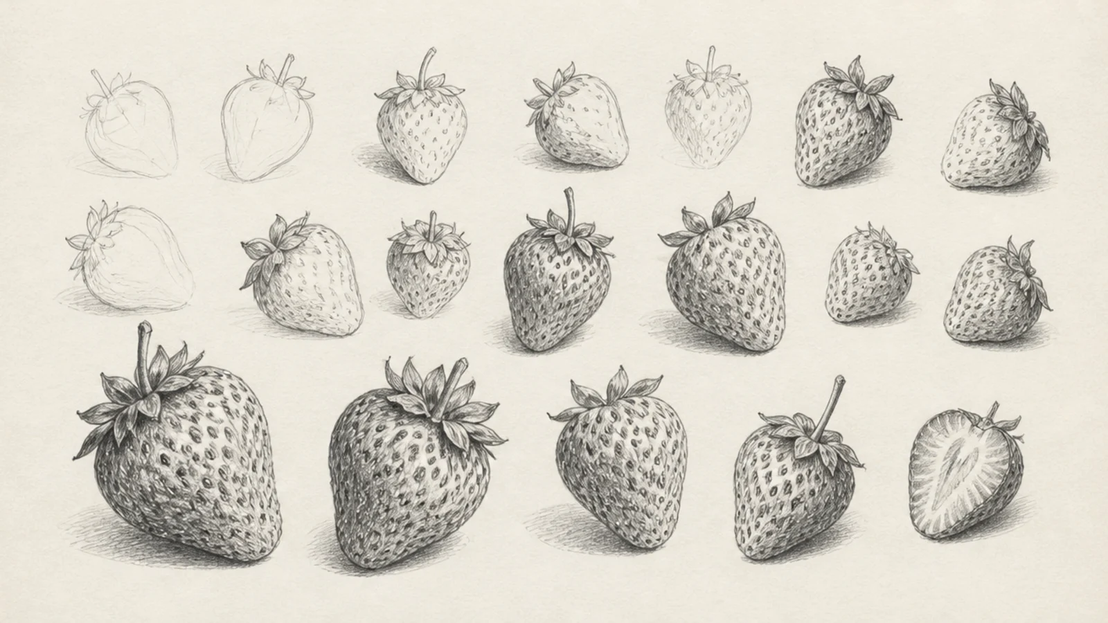 A page of many small daily pencil strawberry studies