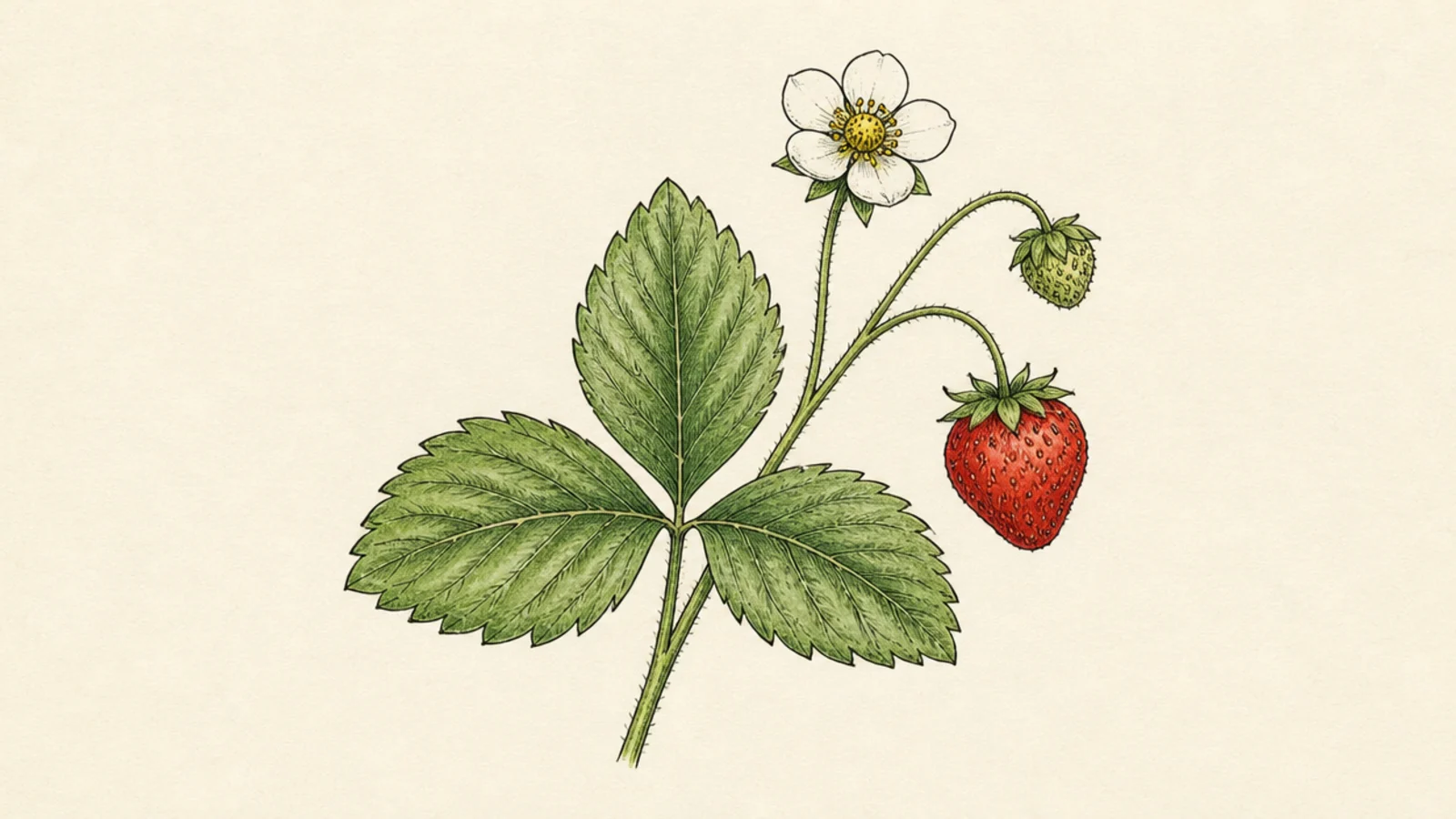 A simple strawberry sprig with a leaf trio, a berry, and a blossom