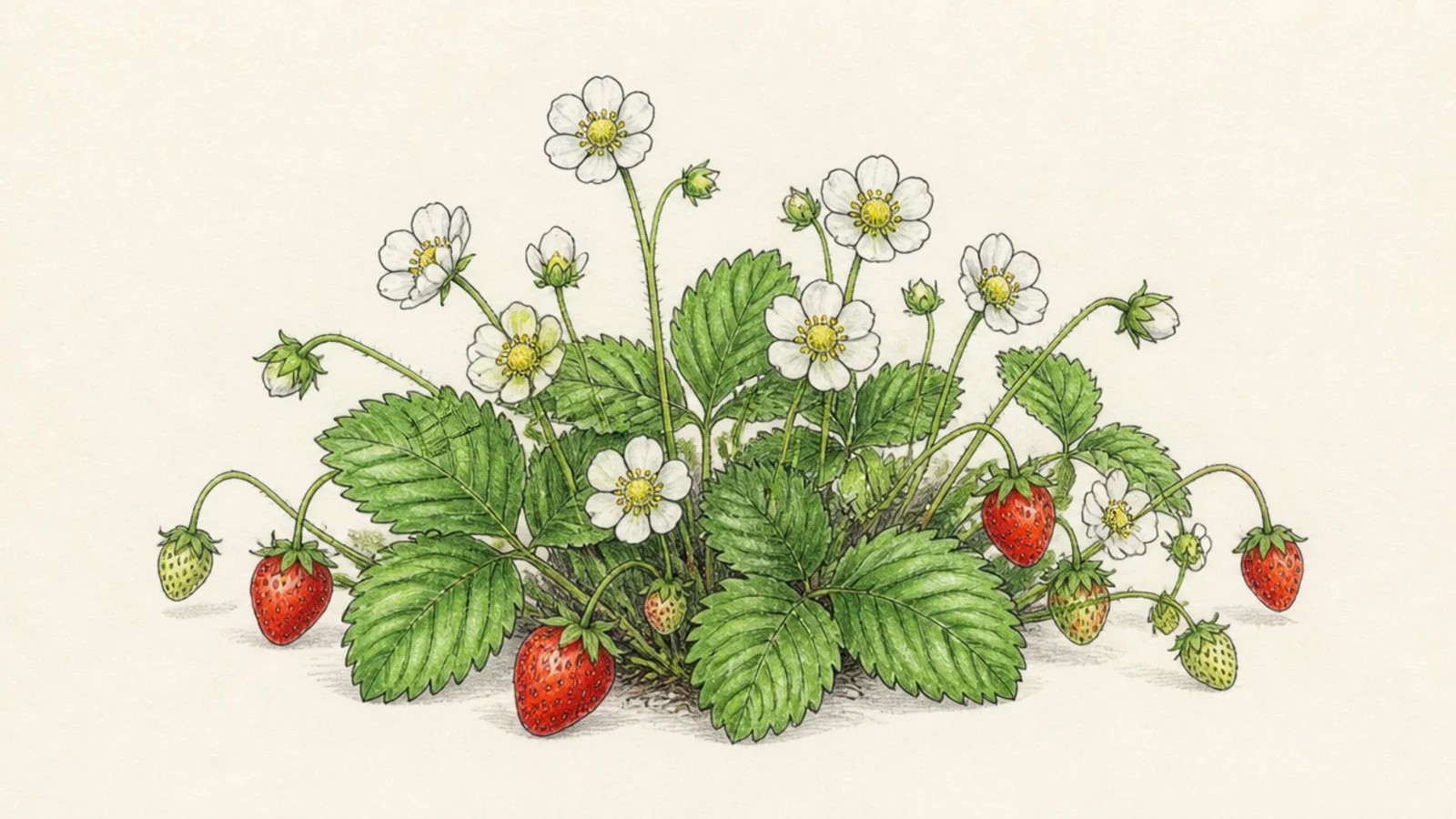 A low strawberry plant covered in white blossoms