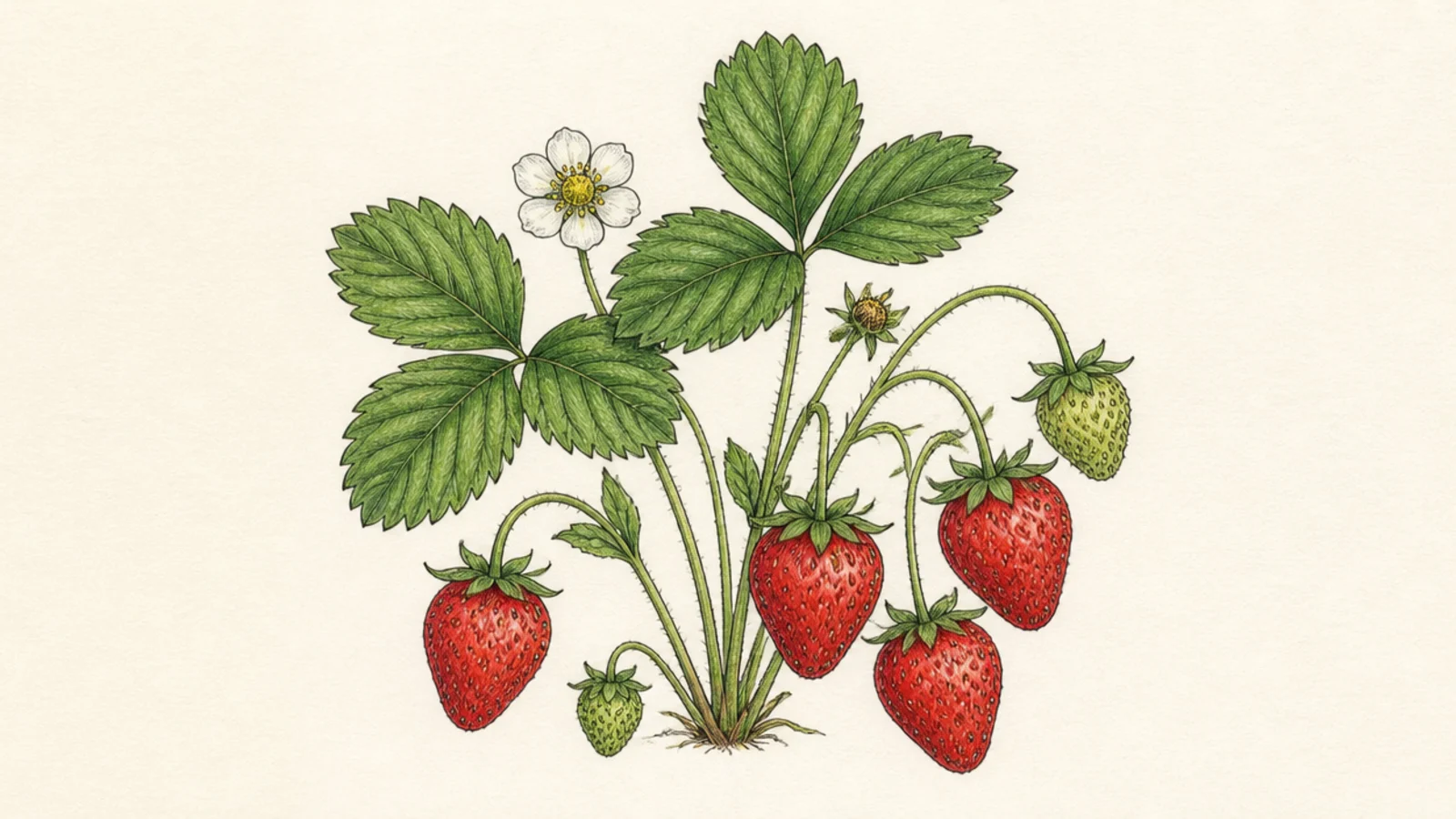 A strawberry plant with several ripe red berries hanging down