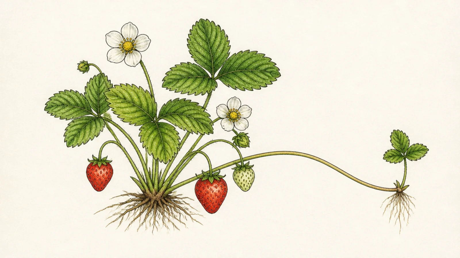 A strawberry plant sending out a runner with a small new plant